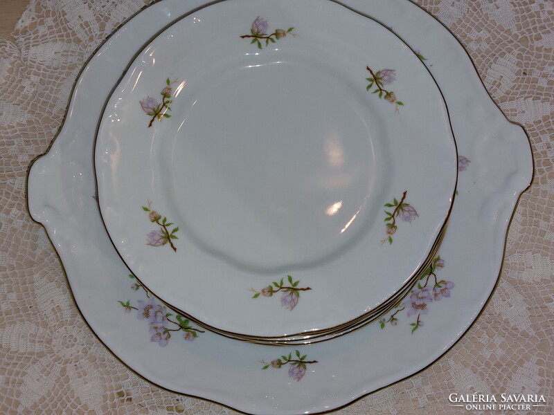 Zsolnay lila barackvirágos süteményes porcelán készlet, arany széllel