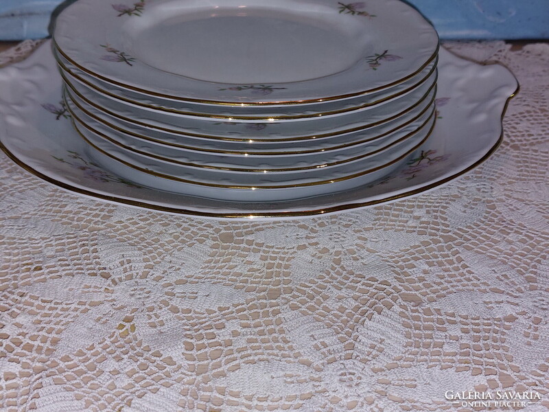 Zsolnay lila barackvirágos süteményes porcelán készlet, arany széllel