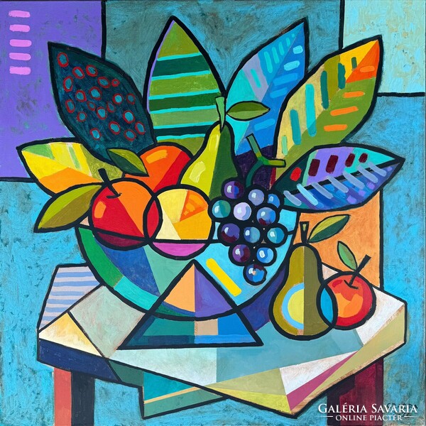Kubista csendélet , 90x90 cm, Piotr Wrona - lengyel kortárs festő
