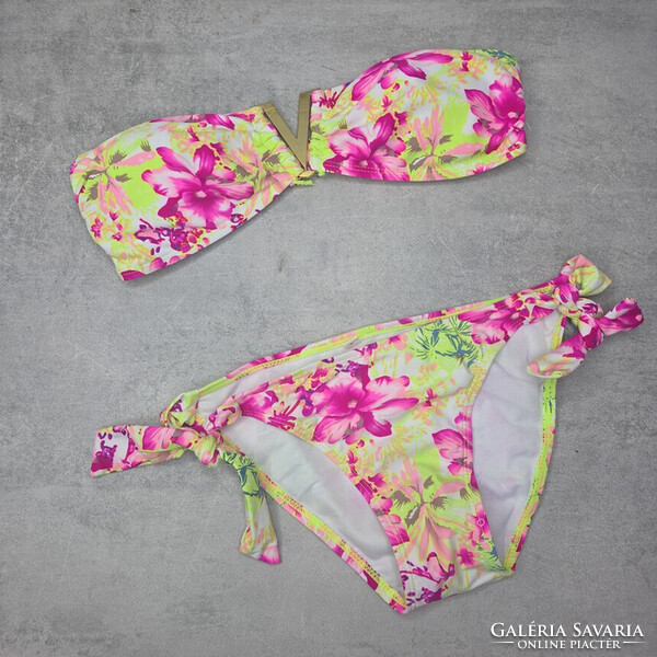Neonsárga-pink virágmintás női bikini, M
