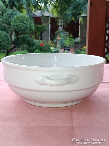 Vintage fajansz / vastag falú porcelán füles LEVESESTÁL dekorációnak / kaspónak