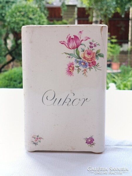 Vintage Kispesti Gránit nagy méretű keménycserép CUKORTARTÓ virágos díszítéssel dekorációnak
