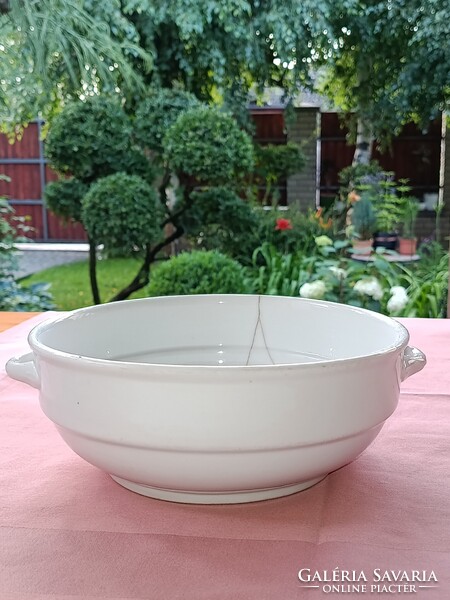 Vintage fajansz / vastag falú porcelán füles LEVESESTÁL dekorációnak / kaspónak