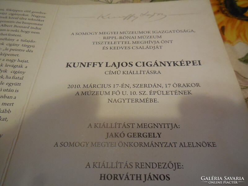 Meghívó - Kunffy Lajos  festőművész , cigányképei , Somogy megyei , kiállítására , 2010.