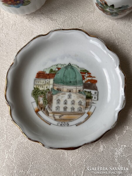 Antik magyar német miniporcelán dísztárgyak városképes vázák gyűrűtálka Zsolnay kulacs Miskolc,Pécs