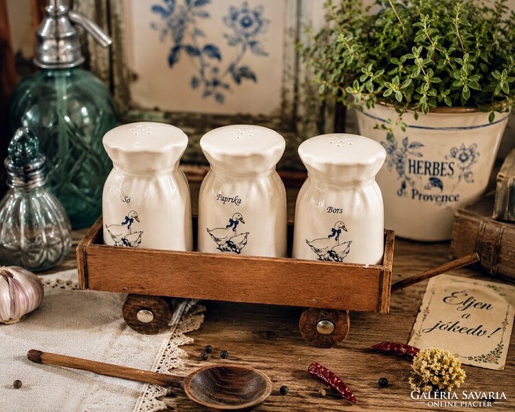 Retro porcelán fűszertartó készlet eredeti fa talicskában – libás konyhai dekor