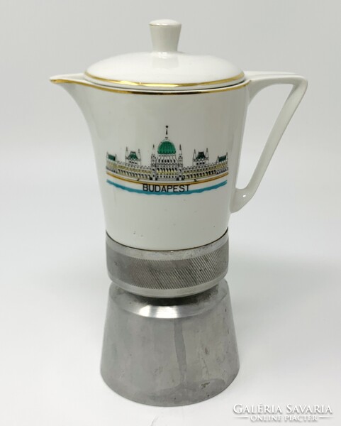 Retro kotyogós 2 szem. kávéfőző porcelán kiöntővel, Budapest Parlament látképpel RZ