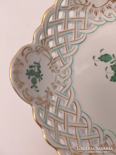 HIBÁTLAN! Herendi porcelán zöld Apponyi mintás áttört kínálótál asztalközép tálka