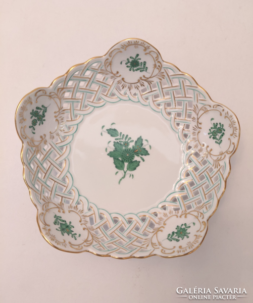HIBÁTLAN! Herendi porcelán zöld Apponyi mintás áttört kínálótál asztalközép tálka