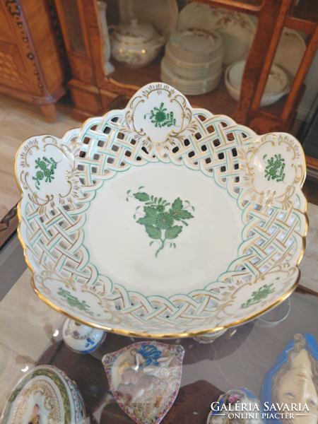 HIBÁTLAN! Herendi porcelán zöld Apponyi mintás áttört kínálótál asztalközép tálka