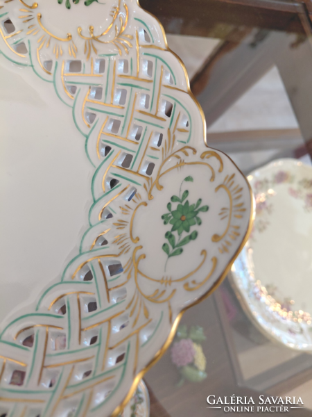 HIBÁTLAN! Herendi porcelán zöld Apponyi mintás áttört kínálótál asztalközép tálka