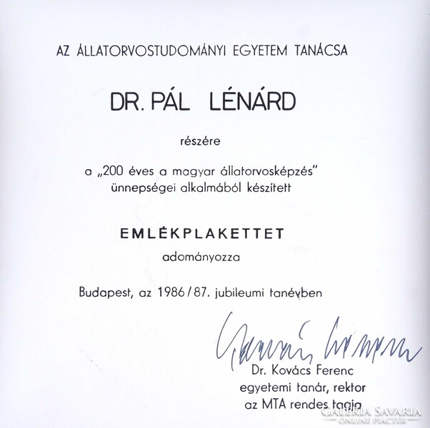 2A868 Madarassy Walter: Állatorvostudományi Egyetem bronz plakett