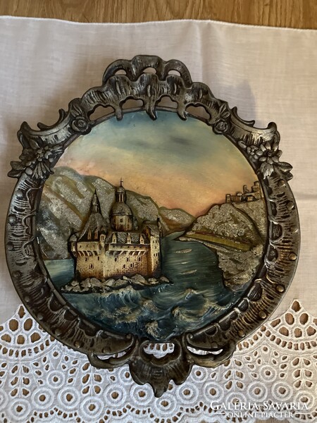 Dreamy antique large relief ceramic decorative wall plate.