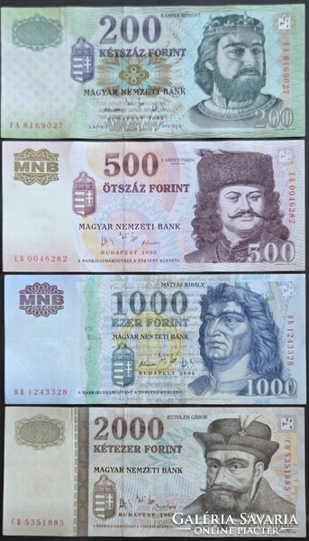2005-ös Forint bankjegy sor, 200-500-1000-2000 Forint.