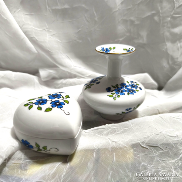 Zsolnay nefelejcs mintás mini porcelánváza és szívalakú porcelán gyűrűtartó doboz szett