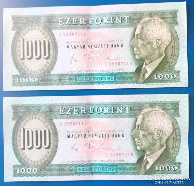 2 db 1000 Forintos 1983 november  C , SORSZÁMKÖVETŐ  elcsúszással lefelé