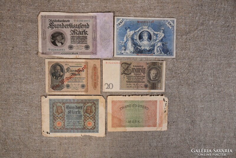 Gyűjtemény 6 db bankjegy és szükségpénz köztük 20 Reichsmark Weimari Köztársaság Németország