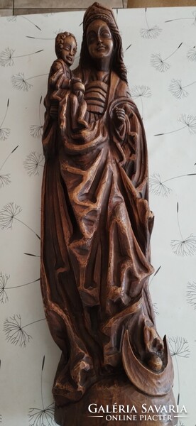 Mária a Kisjézussal kézzel faragott fa szobor, falidísz nagy méret (75 cm)