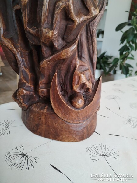 Mária a Kisjézussal kézzel faragott fa szobor, falidísz nagy méret (75 cm)