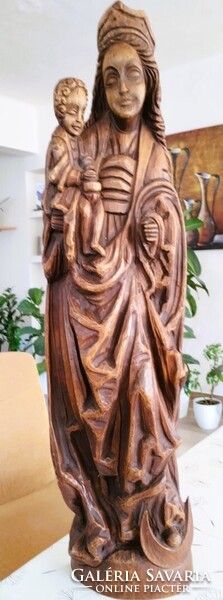 Mária a Kisjézussal kézzel faragott fa szobor, falidísz nagy méret (75 cm)