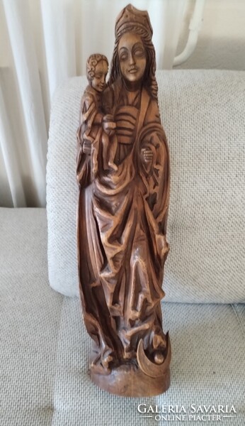 Mária a Kisjézussal kézzel faragott fa szobor, falidísz nagy méret (75 cm)