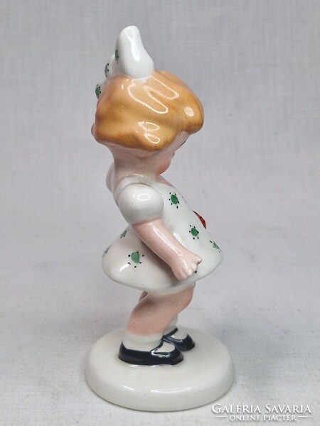 Extra ritka festésű Bodrogkeresztúri kerámia katicás kislány figura hibátlan állapotban 13,5 cm.