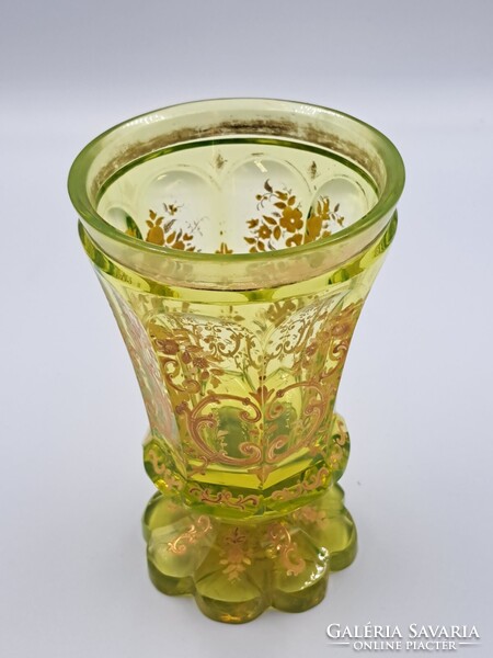 Antique uranium green Biedermeier footed decorative glass, hand-painted gold floral pattern, 1850, flawless