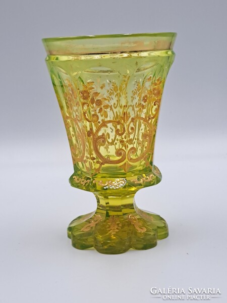 Antique uranium green Biedermeier footed decorative glass, hand-painted gold floral pattern, 1850, flawless
