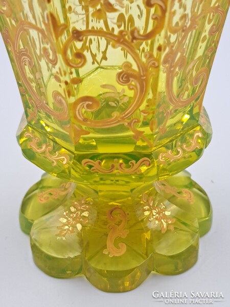 Antique uranium green Biedermeier footed decorative glass, hand-painted gold floral pattern, 1850, flawless