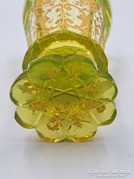 Antique uranium green Biedermeier footed decorative glass, hand-painted gold floral pattern, 1850, flawless