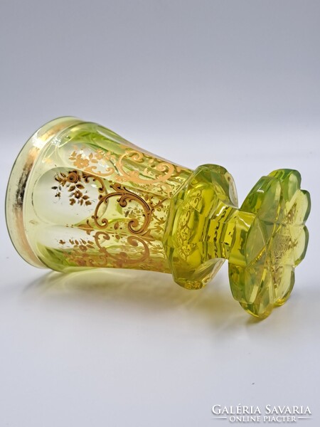 Antique uranium green Biedermeier footed decorative glass, hand-painted gold floral pattern, 1850, flawless