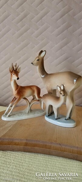 Porcelán Őzcsalád szett – Zsolnay Őz gidájával + Royal Dux Őzbak (Hibátlan!)