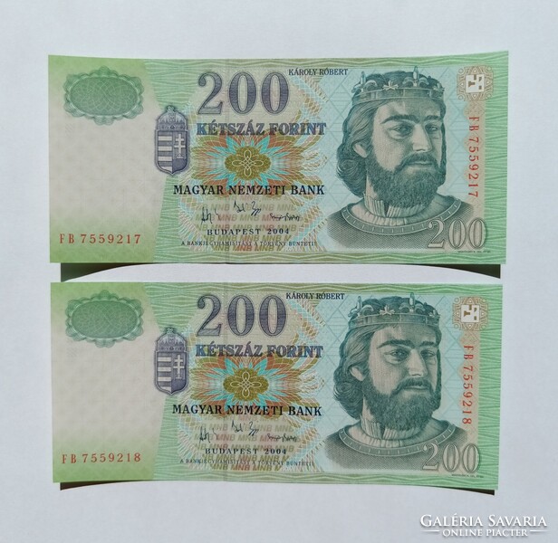 2 db sorszámkövető 200 forint bankjegy (2004, FB sorozat) - Tökéletes UNC / Nyomdaállapot!