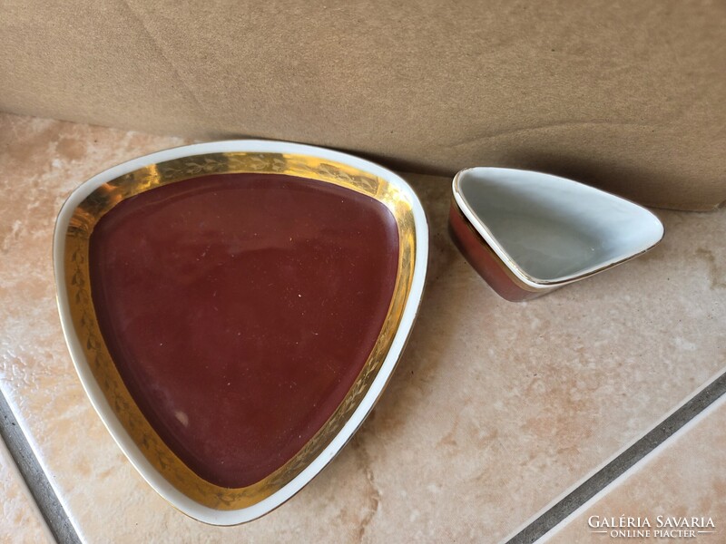 Hollóházi Porcelain Serving Plate + Small Dish (Burgundy-Gold)