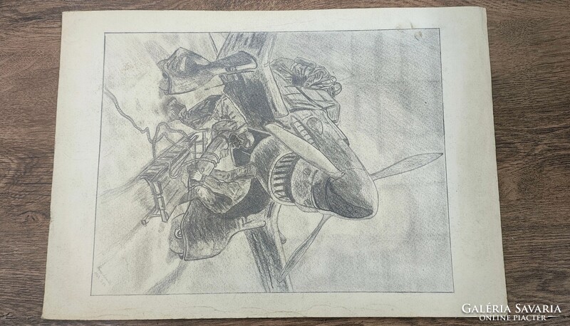 Junkers JU 87 (LUFTWAFFE). Original wartime charcoal drawing (1947)