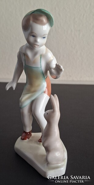 Retro Aquincum porcelán szobor, kisfiú nyuszival
