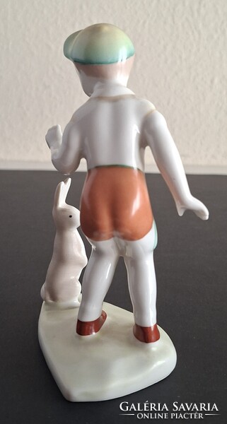 Retro Aquincum porcelán szobor, kisfiú nyuszival