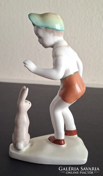 Retro Aquincum porcelán szobor, kisfiú nyuszival