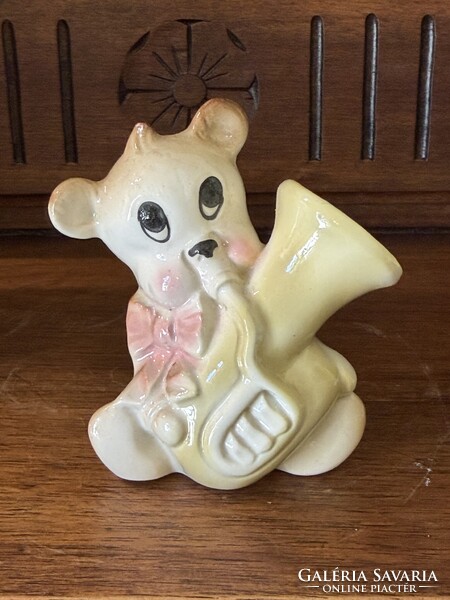 Ritka német kézzel festett porcelán szaxofonos maci - 9cm magas - D21
