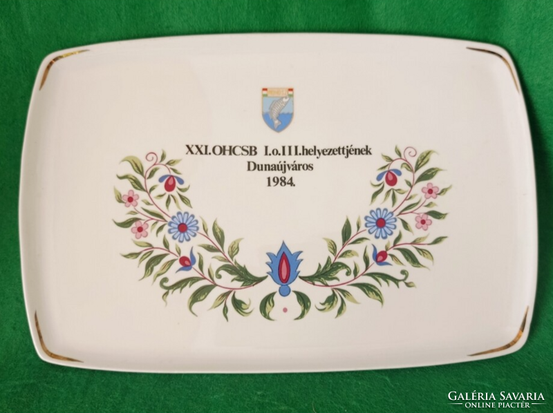 Retro Hollóházi porcelán fali horgász versenydíj porcelán tál -hibátlan,-jelzett-(Dunaújváros, 1984)
