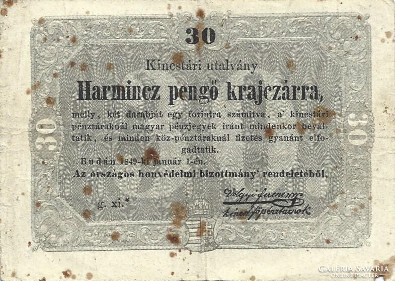 30 harmincz harminc pengő krajczárra krajcárra 1849 Kossuth bankó csillagos 1.