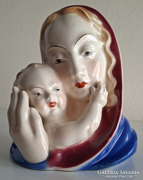 Art Deco kerámia szobor, Madonna gyermekkel, Bihl kerámia, 1920-as évek
