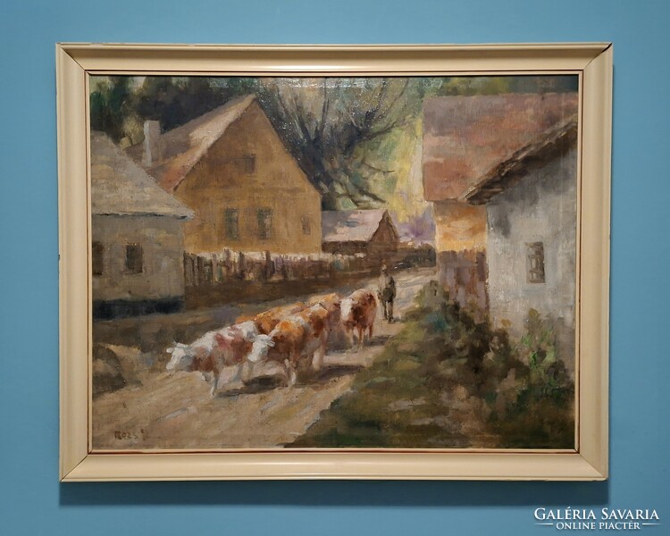 Kiváló kvalitású, Rozs János (1901-1987)  olajfestmény! Hazafelé.  Olaj/vászon, 70x90cm + keret!