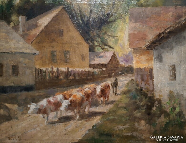 Kiváló kvalitású, Rozs János (1901-1987)  olajfestmény! Hazafelé.  Olaj/vászon, 70x90cm + keret!