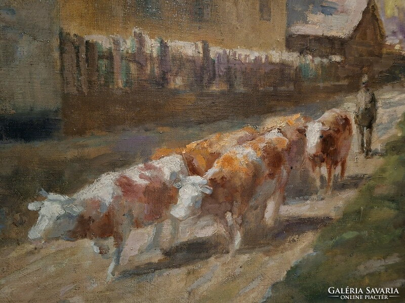 Kiváló kvalitású, Rozs János (1901-1987)  olajfestmény! Hazafelé.  Olaj/vászon, 70x90cm + keret!