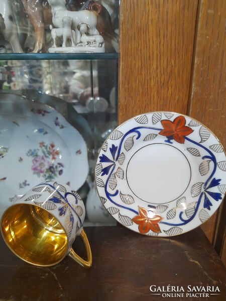 Oepiag-Pirkenhammer Fischer & Mieg 1920-1938,Kézi Festett,Aranyozott,6 Személyes Mokkás,Kávés Szett.