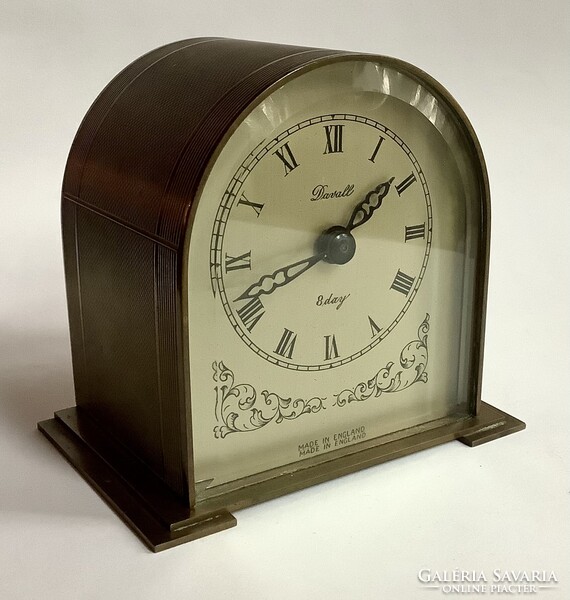 Clock speciality! English 8-day antique table clock from the 1940s, copper clock case, beautiful dial. Working.