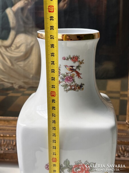 Antik vintage nagyméretű gazdagon díszített Hollóházi porcelán paradicsommadaras virágos váza