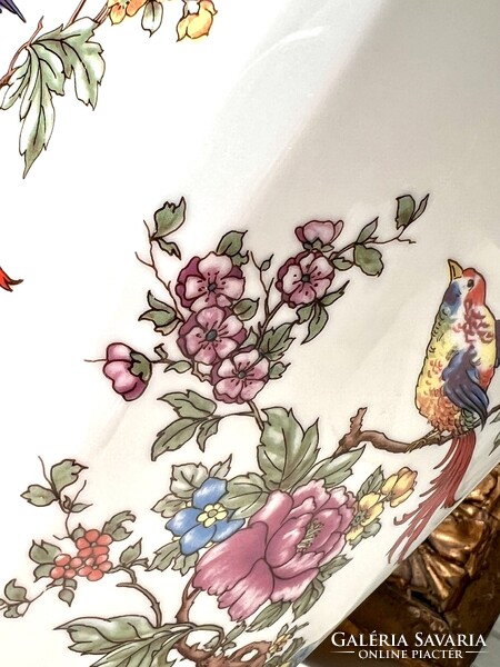 Antik vintage nagyméretű gazdagon díszített Hollóházi porcelán paradicsommadaras virágos váza