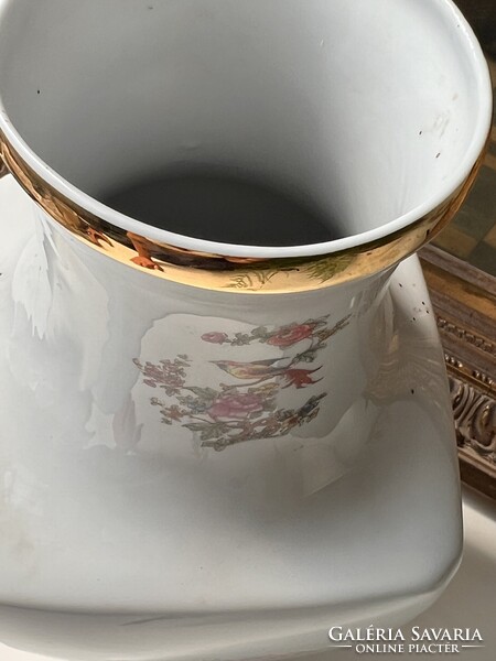 Antik vintage nagyméretű gazdagon díszített Hollóházi porcelán paradicsommadaras virágos váza